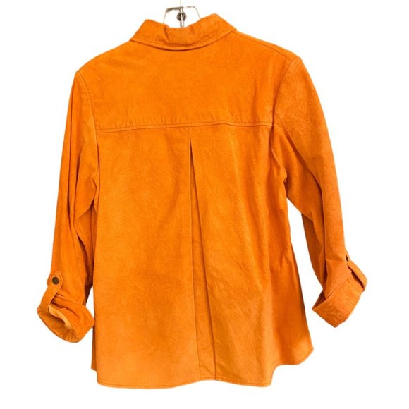 Coldwater Creek Shirt Women's Medium Orange 100% Leather Snap Closure Shacket - Picture 2 of 9